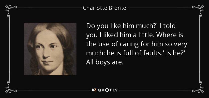 Do you like him much?' I told you I liked him a little. Where is the use of caring for him so very much: he is full of faults.' Is he?' All boys are. - Charlotte Bronte
