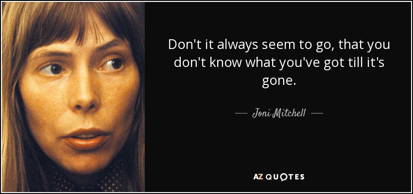 Don't it always seem to go, that you don't know what you've got till it's gone. - Joni Mitchell