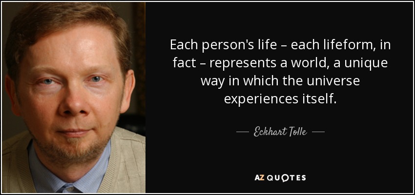 Each person's life – each lifeform, in fact – represents a world, a unique way in which the universe experiences itself. - Eckhart Tolle