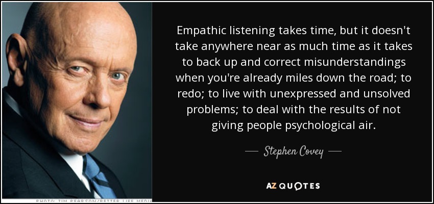 Empathic listening takes time, but it doesn't take anywhere near as much time as it takes to back up and correct misunderstandings when you're already miles down the road; to redo; to live with unexpressed and unsolved problems; to deal with the results of not giving people psychological air. - Stephen Covey