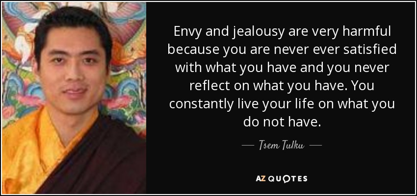 Envy and jealousy are very harmful because you are never ever satisfied with what you have and you never reflect on what you have. You constantly live your life on what you do not have. - Tsem Tulku