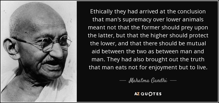 Ethically they had arrived at the conclusion that man's supremacy over lower animals meant not that the former should prey upon the latter, but that the higher should protect the lower, and that there should be mutual aid between the two as between man and man. They had also brought out the truth that man eats not for enjoyment but to live. - Mahatma Gandhi