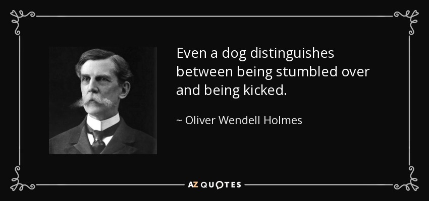 Even a dog distinguishes between being stumbled over and being kicked. - Oliver Wendell Holmes, Jr.