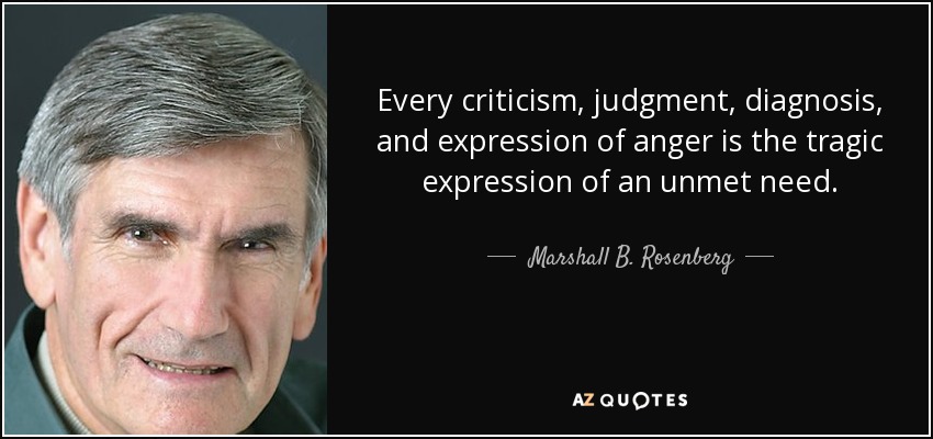 Every criticism, judgment, diagnosis, and expression of anger is the tragic expression of an unmet need. - Marshall B. Rosenberg