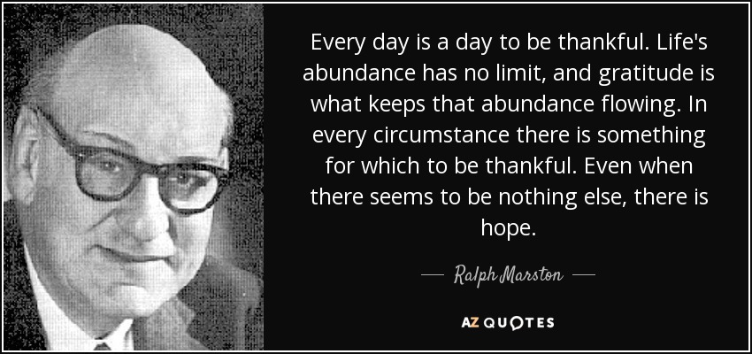 Every day is a day to be thankful. Life's abundance has no limit, and gratitude is what keeps that abundance flowing. In every circumstance there is something for which to be thankful. Even when there seems to be nothing else, there is hope. - Ralph Marston