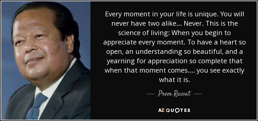 Every moment in your life is unique. You will never have two alike... Never. This is the science of living: When you begin to appreciate every moment. To have a heart so open, an understanding so beautiful, and a yearning for appreciation so complete that when that moment comes.... you see exactly what it is. - Prem Rawat