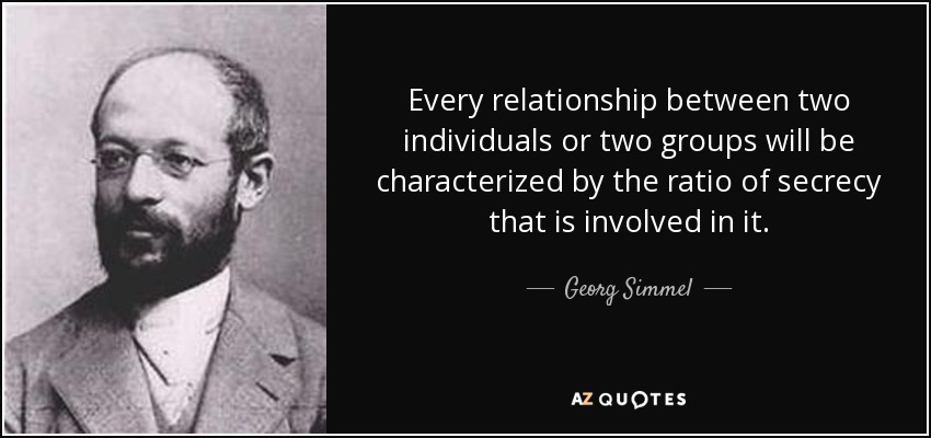 Every relationship between two individuals or two groups will be characterized by the ratio of secrecy that is involved in it. - Georg Simmel