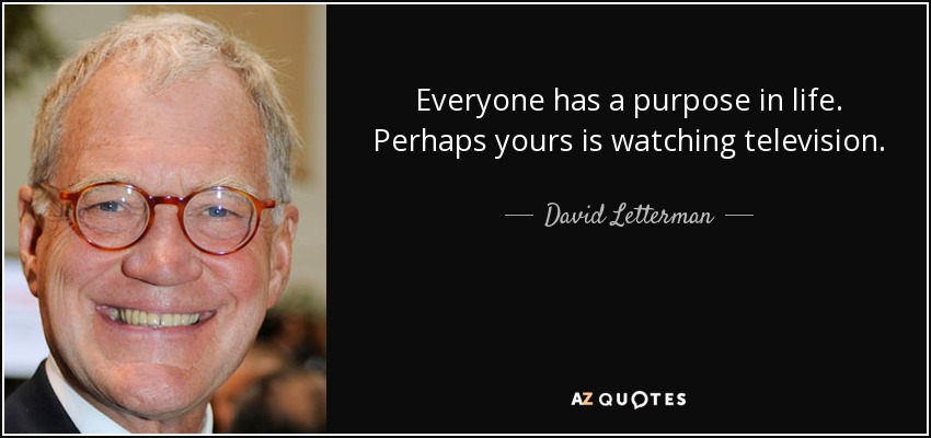 Everyone has a purpose in life. Perhaps yours is watching television. - David Letterman