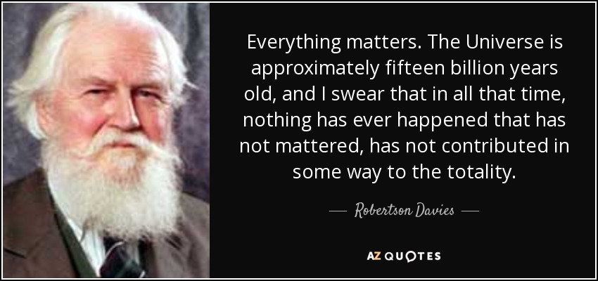 Everything matters. The Universe is approximately fifteen billion years old, and I swear that in all that time, nothing has ever happened that has not mattered, has not contributed in some way to the totality. - Robertson Davies