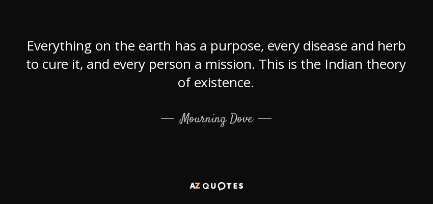 Everything on the earth has a purpose, every disease and herb to cure it, and every person a mission. This is the Indian theory of existence. - Mourning Dove