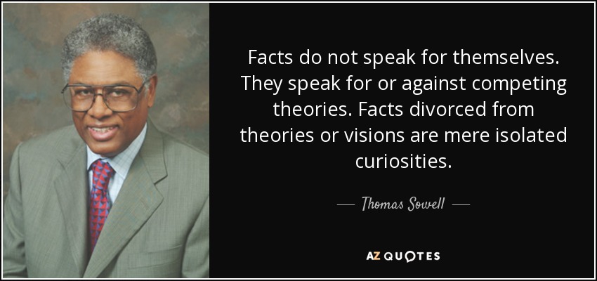 Facts do not speak for themselves. They speak for or against competing theories. Facts divorced from theories or visions are mere isolated curiosities. - Thomas Sowell