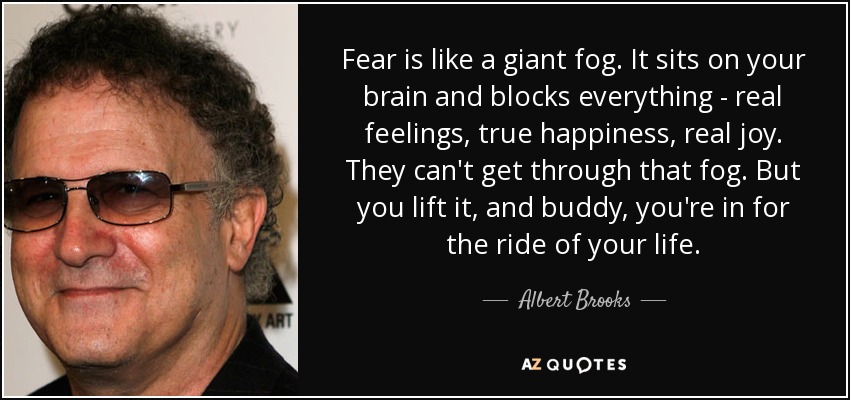Fear is like a giant fog. It sits on your brain and blocks everything - real feelings, true happiness, real joy. They can't get through that fog. But you lift it, and buddy, you're in for the ride of your life. - Albert Brooks