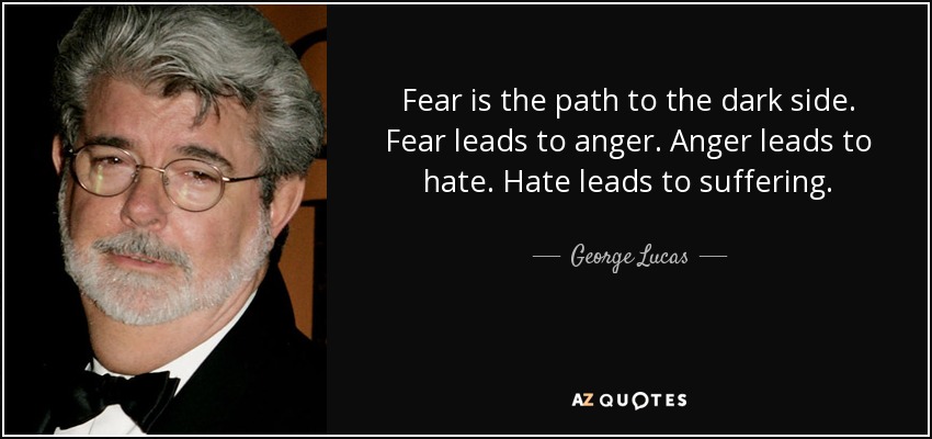 Fear is the path to the dark side. Fear leads to anger. Anger leads to hate. Hate leads to suffering. - George Lucas