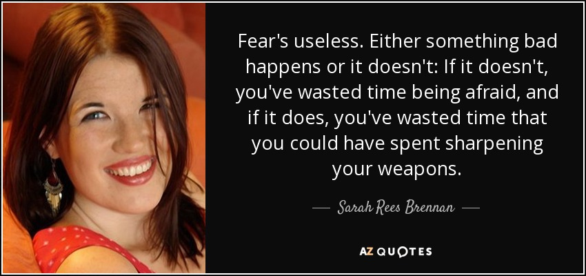 Fear's useless. Either something bad happens or it doesn't: If it doesn't, you've wasted time being afraid, and if it does, you've wasted time that you could have spent sharpening your weapons. - Sarah Rees Brennan