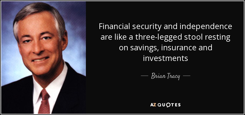 Financial security and independence are like a three-legged stool resting on savings, insurance and investments - Brian Tracy