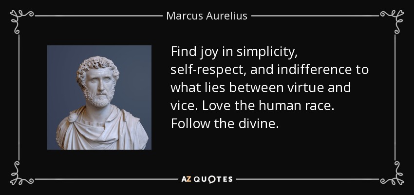 Find joy in simplicity, self-respect, and indifference to what lies between virtue and vice. Love the human race. Follow the divine. - Marcus Aurelius