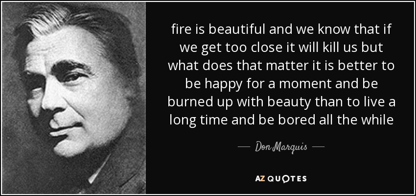 fire is beautiful and we know that if we get too close it will kill us but what does that matter it is better to be happy for a moment and be burned up with beauty than to live a long time and be bored all the while - Don Marquis