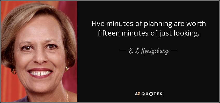 Five minutes of planning are worth fifteen minutes of just looking. - E. L. Konigsburg