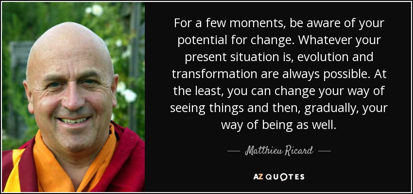 For a few moments, be aware of your potential for change. Whatever your present situation is, evolution and transformation are always possible. At the least, you can change your way of seeing things and then, gradually, your way of being as well. - Matthieu Ricard