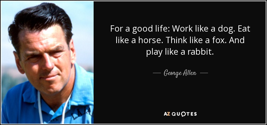 For a good life: Work like a dog. Eat like a horse. Think like a fox. And play like a rabbit. - George Allen