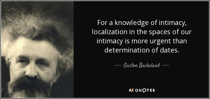 For a knowledge of intimacy, localization in the spaces of our intimacy is more urgent than determination of dates. - Gaston Bachelard