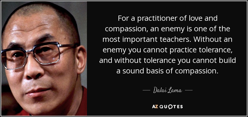 For a practitioner of love and compassion, an enemy is one of the most important teachers. Without an enemy you cannot practice tolerance, and without tolerance you cannot build a sound basis of compassion. - Dalai Lama