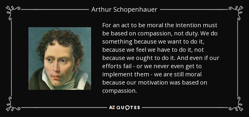 For an act to be moral the intention must be based on compassion, not duty. We do something because we want to do it, because we feel we have to do it, not because we ought to do it. And even if our efforts fail - or we never even get to implement them - we are still moral because our motivation was based on compassion. - Arthur Schopenhauer