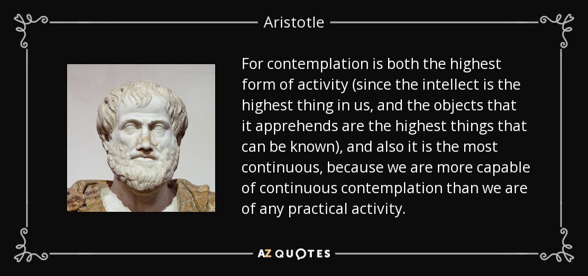 For contemplation is both the highest form of activity (since the intellect is the highest thing in us, and the objects that it apprehends are the highest things that can be known), and also it is the most continuous, because we are more capable of continuous contemplation than we are of any practical activity. - Aristotle