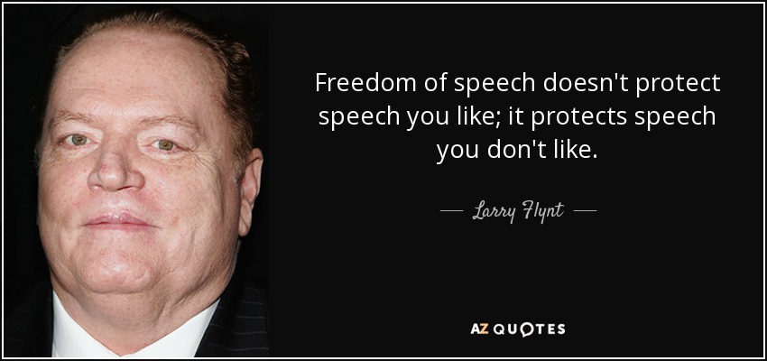 Freedom of speech doesn't protect speech you like; it protects speech you don't like. - Larry Flynt