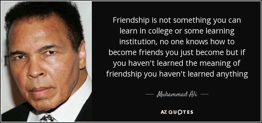 Friendship is not something you can learn in college or some learning institution, no one knows how to become friends you just become but if you haven't learned the meaning of friendship you haven't learned anything - Muhammad Ali
