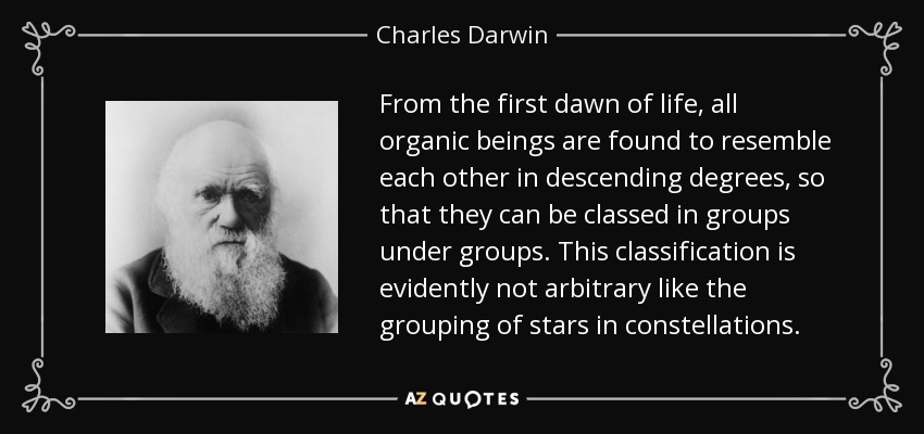 From the first dawn of life, all organic beings are found to resemble each other in descending degrees, so that they can be classed in groups under groups. This classification is evidently not arbitrary like the grouping of stars in constellations. - Charles Darwin