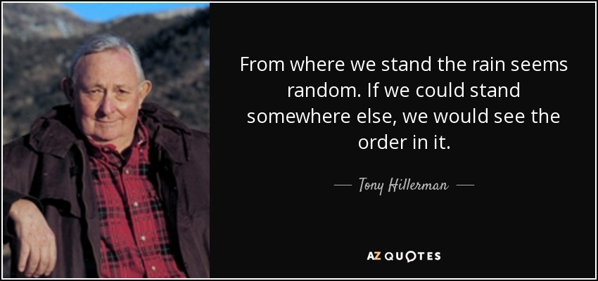 From where we stand the rain seems random. If we could stand somewhere else, we would see the order in it. - Tony Hillerman