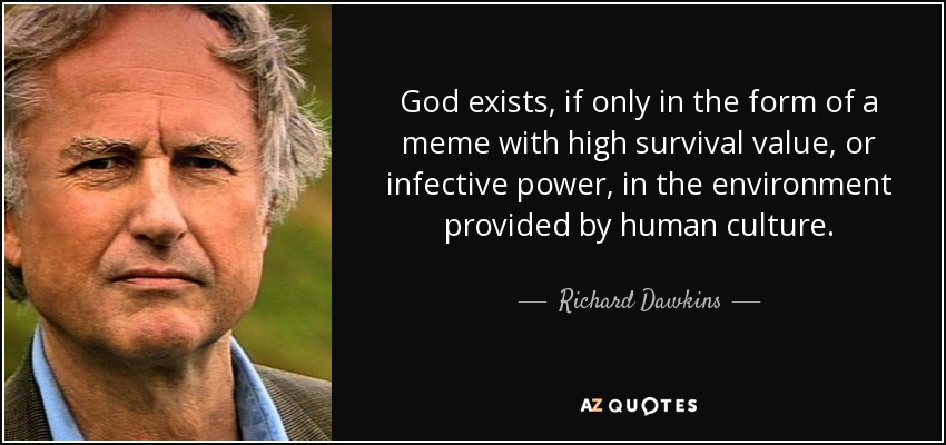 God exists, if only in the form of a meme with high survival value, or infective power, in the environment provided by human culture. - Richard Dawkins