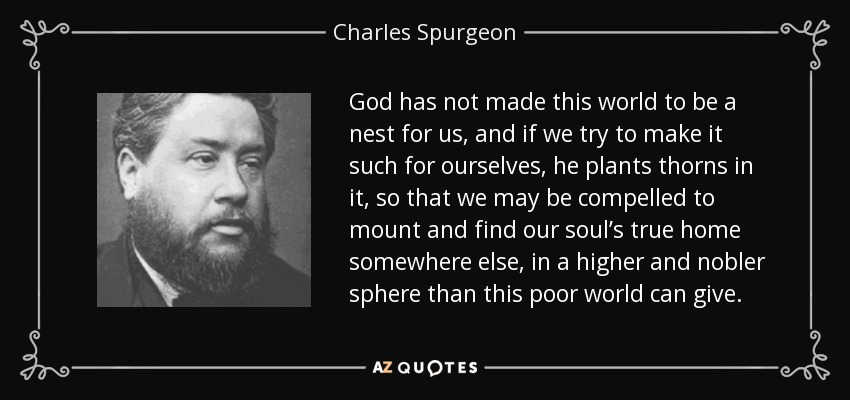 God has not made this world to be a nest for us, and if we try to make it such for ourselves, he plants thorns in it, so that we may be compelled to mount and find our soul’s true home somewhere else, in a higher and nobler sphere than this poor world can give. - Charles Spurgeon