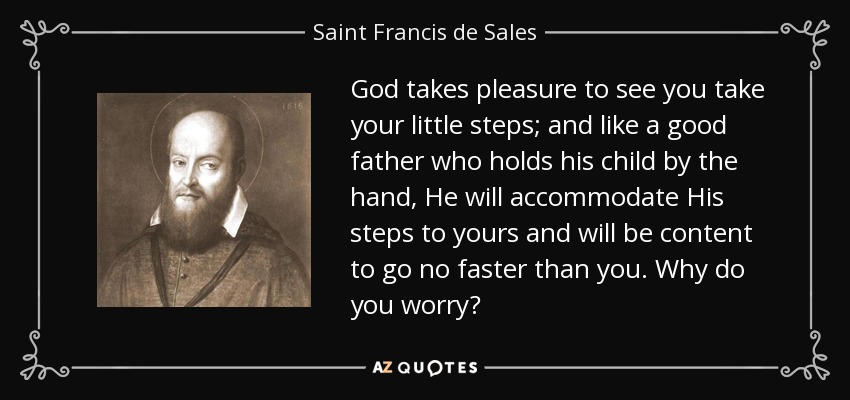 God takes pleasure to see you take your little steps; and like a good father who holds his child by the hand, He will accommodate His steps to yours and will be content to go no faster than you. Why do you worry? - Saint Francis de Sales