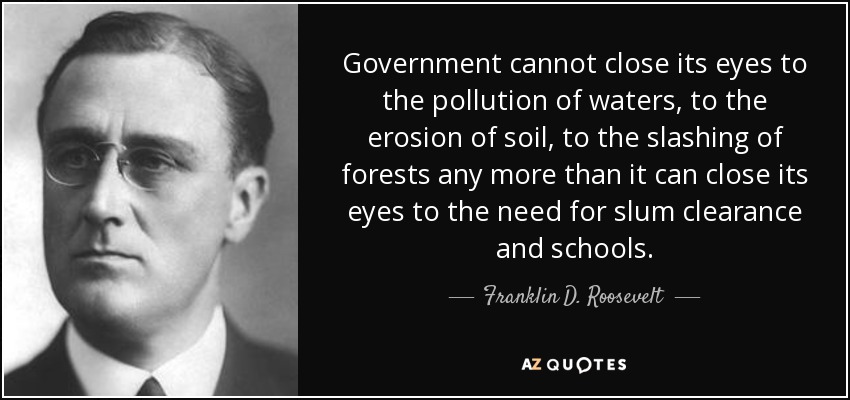 Government cannot close its eyes to the pollution of waters, to the erosion of soil, to the slashing of forests any more than it can close its eyes to the need for slum clearance and schools. - Franklin D. Roosevelt
