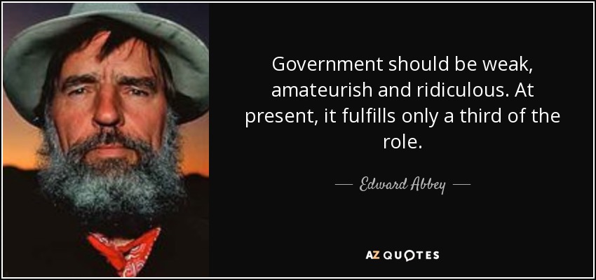 Government should be weak, amateurish and ridiculous. At present, it fulfills only a third of the role. - Edward Abbey