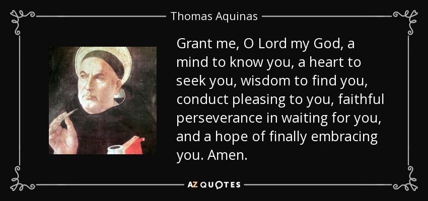 Grant me, O Lord my God, a mind to know you, a heart to seek you, wisdom to find you, conduct pleasing to you, faithful perseverance in waiting for you, and a hope of finally embracing you. Amen. - Thomas Aquinas