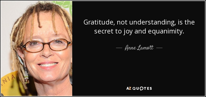 Gratitude, not understanding, is the secret to joy and equanimity. - Anne Lamott