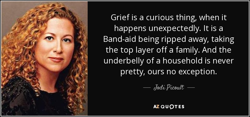 Grief is a curious thing, when it happens unexpectedly. It is a Band-aid being ripped away, taking the top layer off a family. And the underbelly of a household is never pretty, ours no exception. - Jodi Picoult