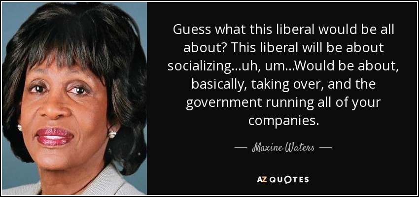 Guess what this liberal would be all about? This liberal will be about socializing...uh, um...Would be about, basically, taking over, and the government running all of your companies. - Maxine Waters