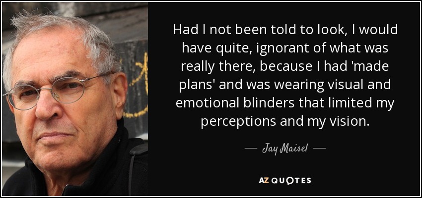 Had I not been told to look, I would have quite, ignorant of what was really there, because I had 'made plans' and was wearing visual and emotional blinders that limited my perceptions and my vision. - Jay Maisel