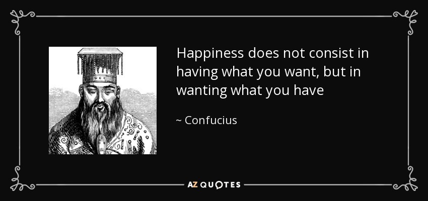 Happiness does not consist in having what you want, but in wanting what you have - Confucius