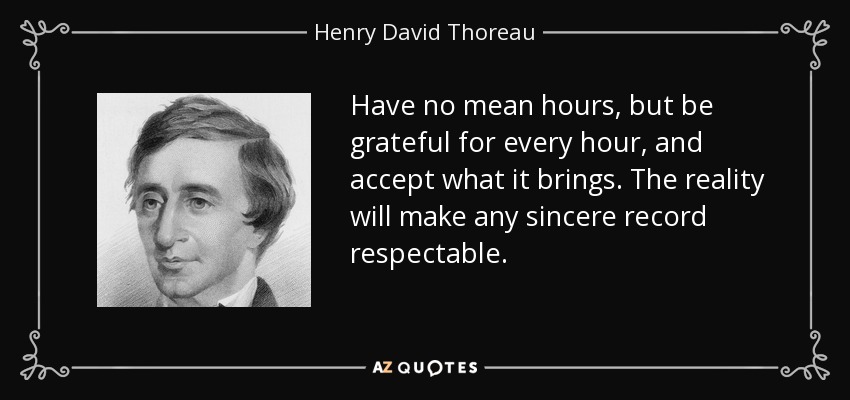 Have no mean hours, but be grateful for every hour, and accept what it brings. The reality will make any sincere record respectable. - Henry David Thoreau