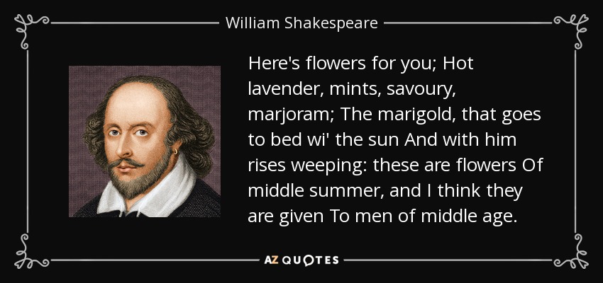 Here's flowers for you; Hot lavender, mints, savoury, marjoram; The marigold, that goes to bed wi' the sun And with him rises weeping: these are flowers Of middle summer, and I think they are given To men of middle age. - William Shakespeare