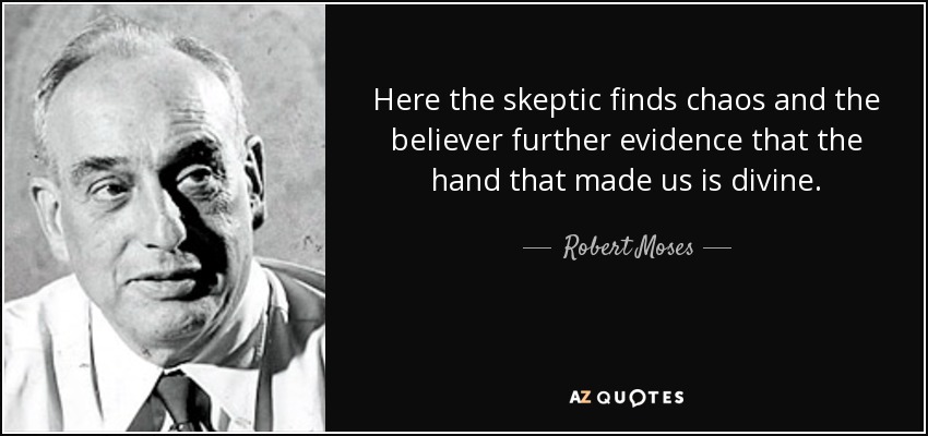 Here the skeptic finds chaos and the believer further evidence that the hand that made us is divine. - Robert Moses