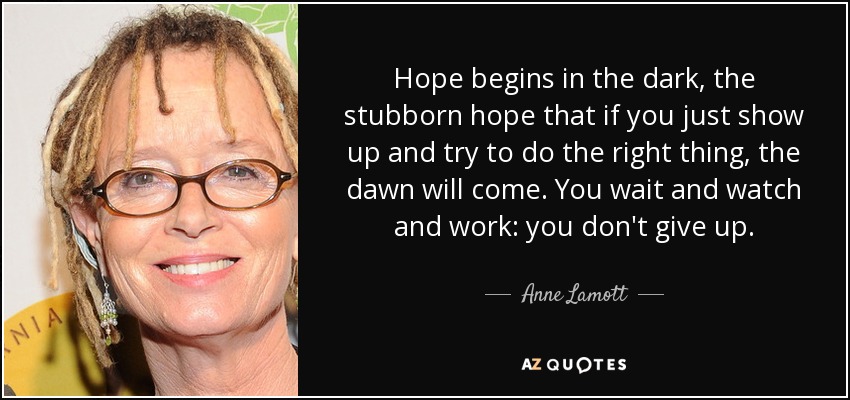 Hope begins in the dark, the stubborn hope that if you just show up and try to do the right thing, the dawn will come. You wait and watch and work: you don't give up. - Anne Lamott