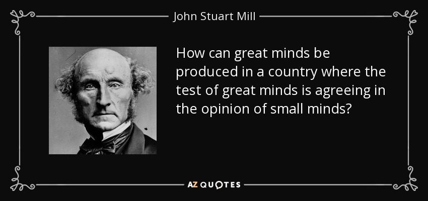 How can great minds be produced in a country where the test of great minds is agreeing in the opinion of small minds? - John Stuart Mill