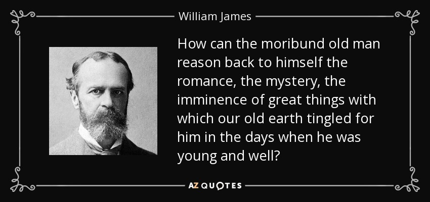 How can the moribund old man reason back to himself the romance, the mystery, the imminence of great things with which our old earth tingled for him in the days when he was young and well? - William James