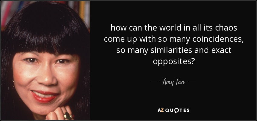 how can the world in all its chaos come up with so many coincidences, so many similarities and exact opposites? - Amy Tan